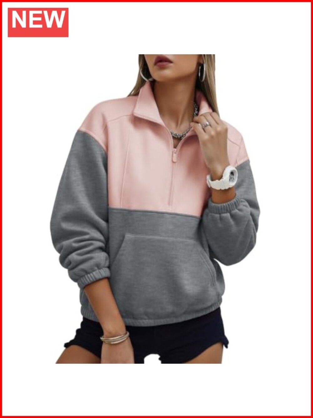 Women's Half Zip Sweatshirt Cotton Polyester Loose Color Block Pullover